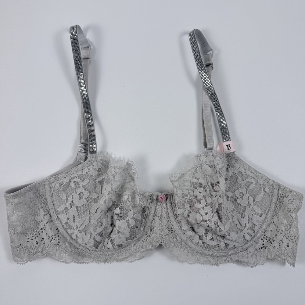 Victoria's Secret Dream Angels Lace Balconette Bra Shine Strap Gray 36B NWT